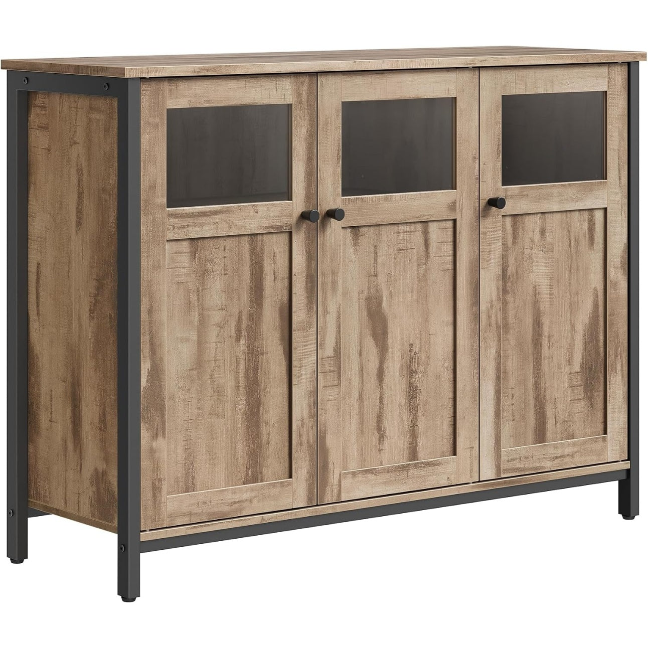 Meuble industriel marron camel et noir avec trois portes, structure metallique et rangement polyvalent