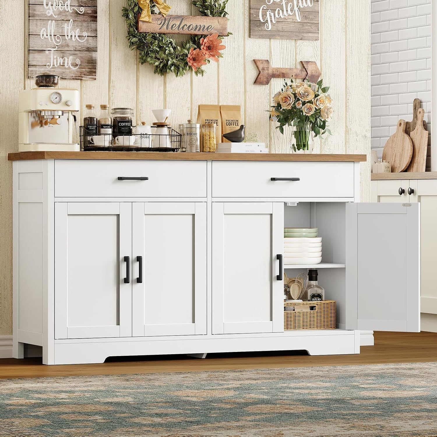 Rangement cuisine blanc 120 cm avec quatre portes, deux tiroirs et tablettes ajustables