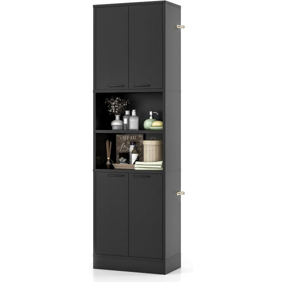 Grande colonne noire en bois 30 x 56 x 190 cm avec portes fermees et espaces ouverts pour cuisine ou sejour