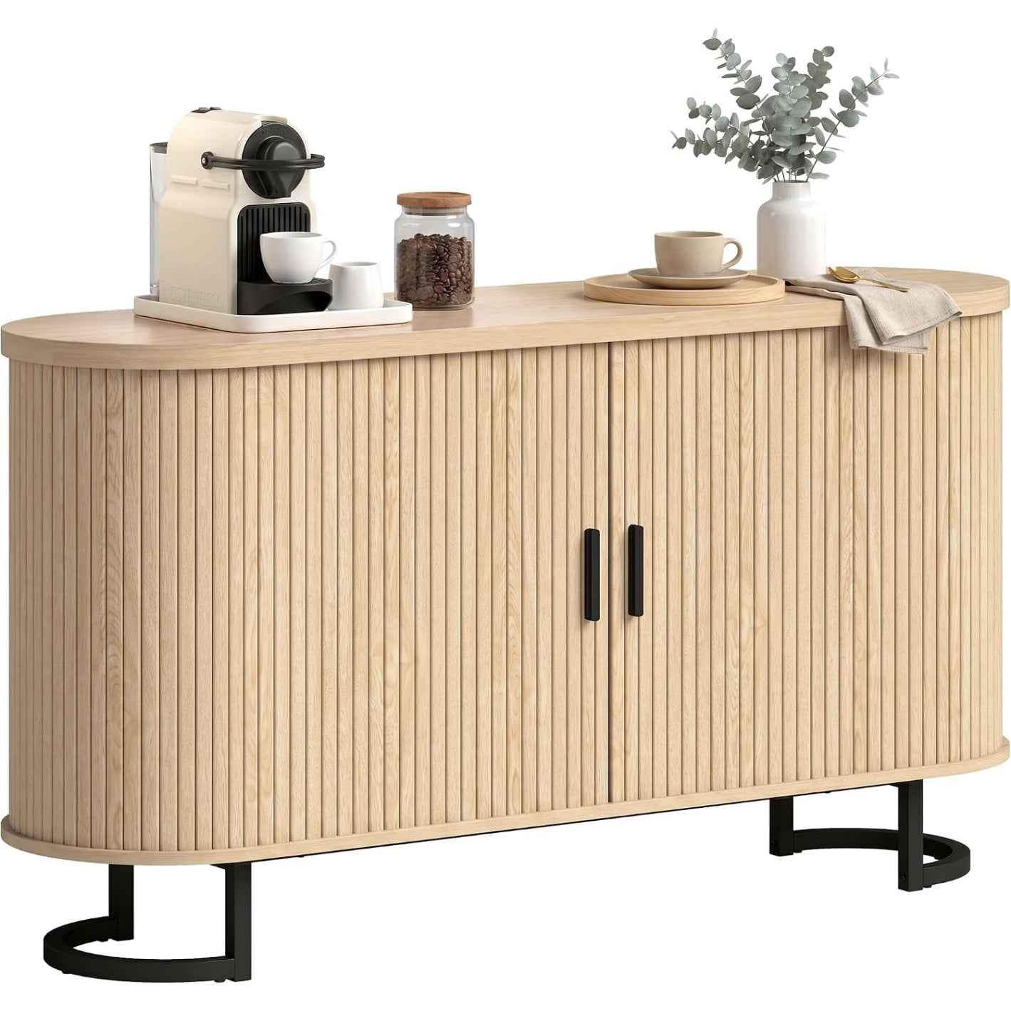 Bahut de salon ovale avec deux portes coulissantes, dimensions 140 x 40 x 75 cm, design contemporain avec aspect bois naturel