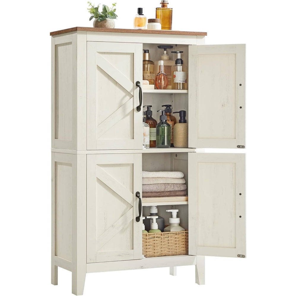 Buffet haut style ferme avec portes effet grange, finition blanc rustique et etageres ajustables pour interieur