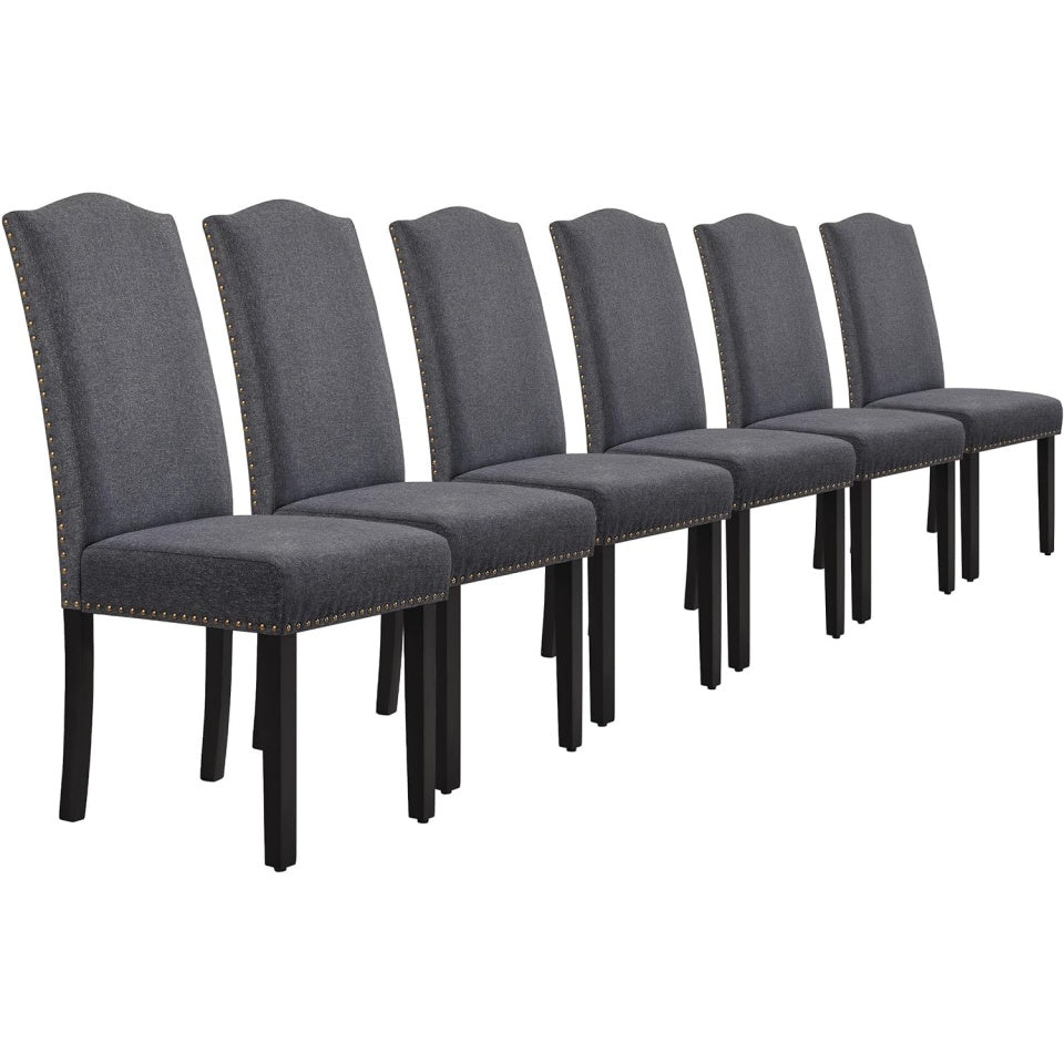 Ensemble de 6 chaises de salle a manger en tissu gris fonce avec structure en bois massif, confort ideal pour repas quotidiens