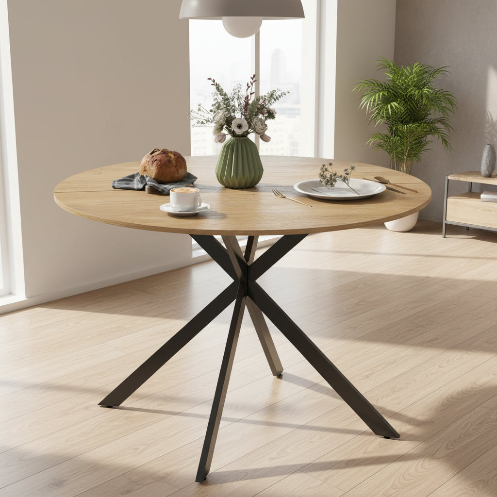 Table ronde effet chene style industriel 120 cm pour quatre personnes, ideale cuisine ou salle a manger