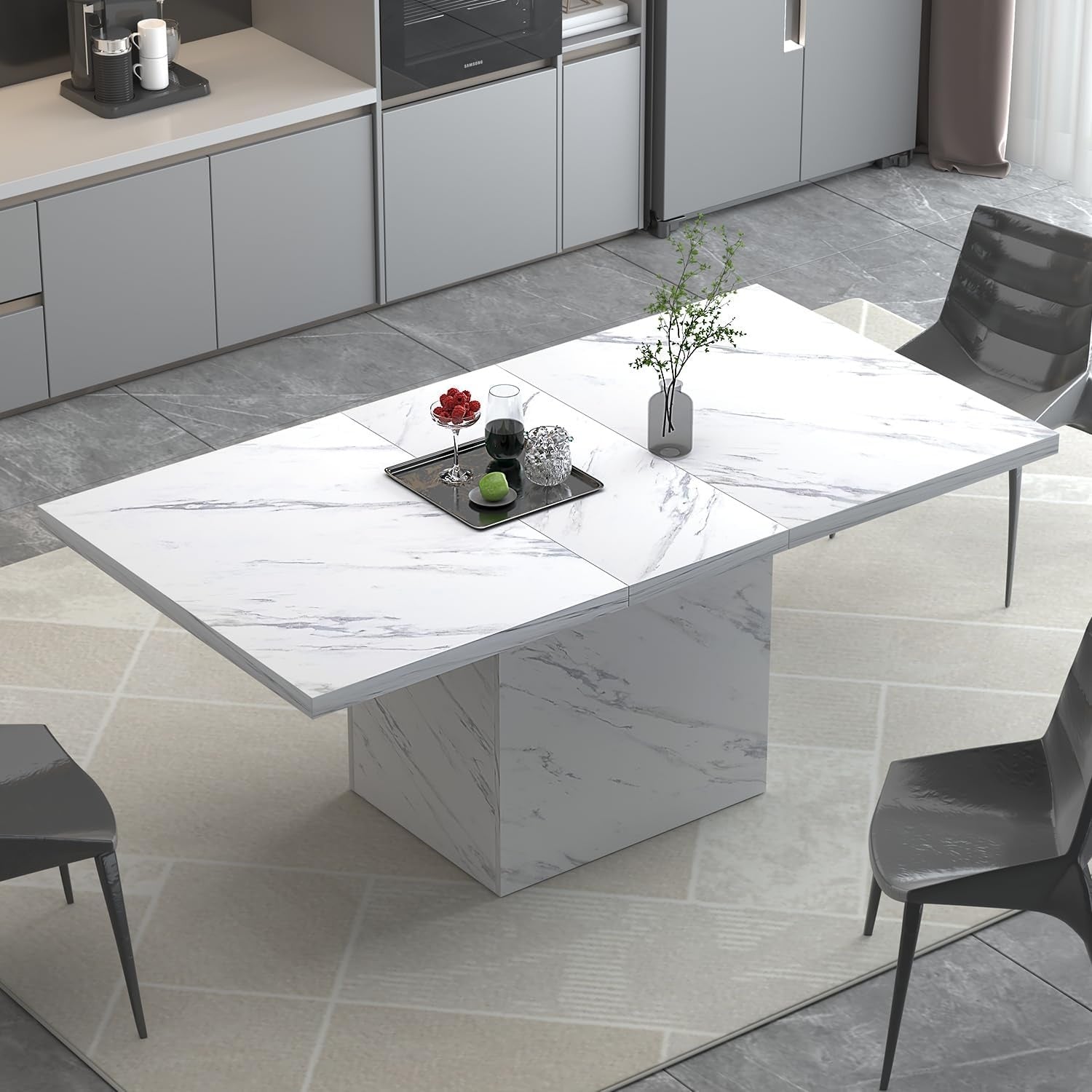 Table rectangulaire blanc marbre 140 cm pour 4 a 6 personnes, meuble repas moderne et raffine