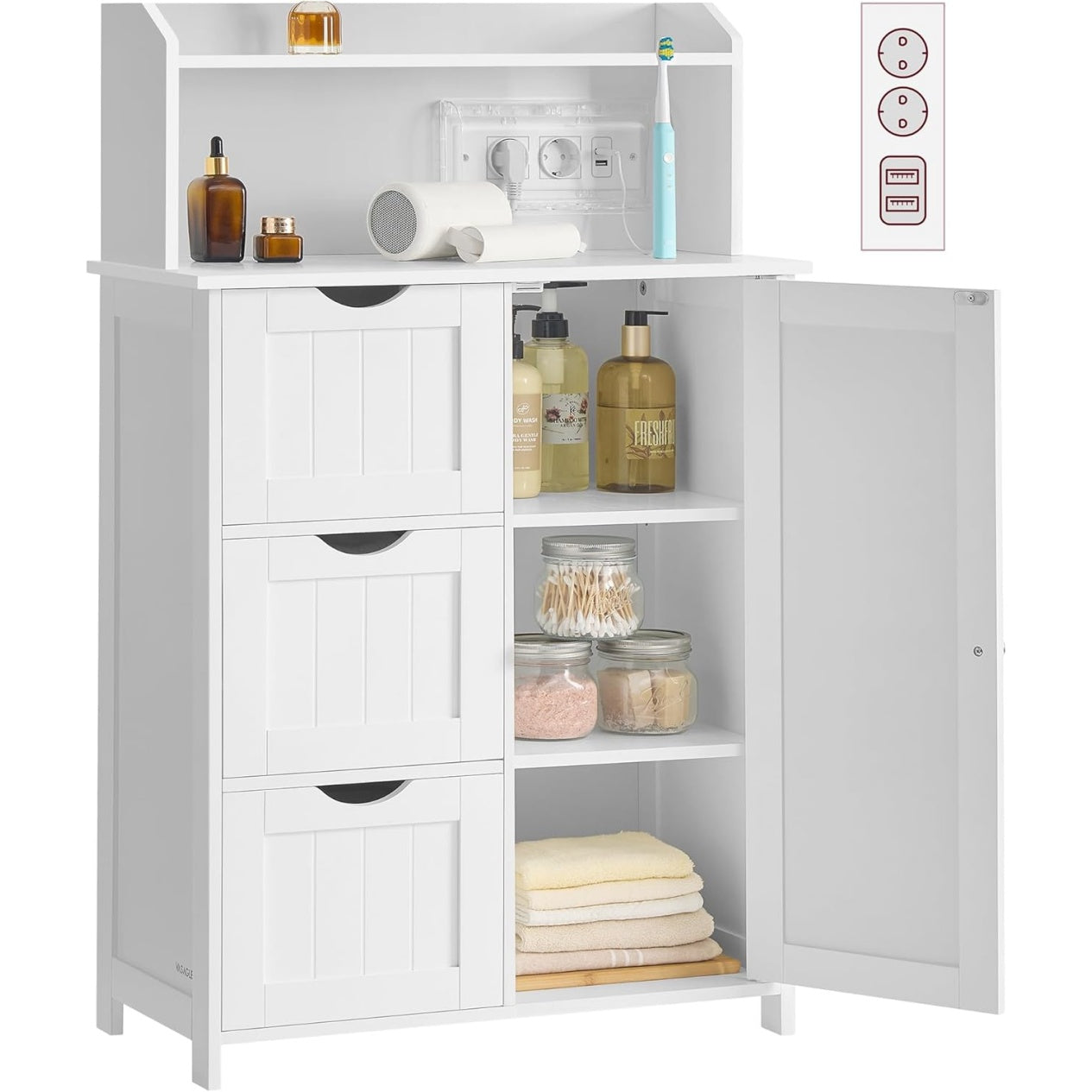 Armoire de rangement blanche 100 cm avec multiprise integree, 3 tiroirs, 1 porte et etageres ajustables pour interieur