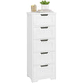 Armoire basse de salle de bain avec 5 tiroirs et structure sur pieds pour ranger soins et accessoires du quotidien