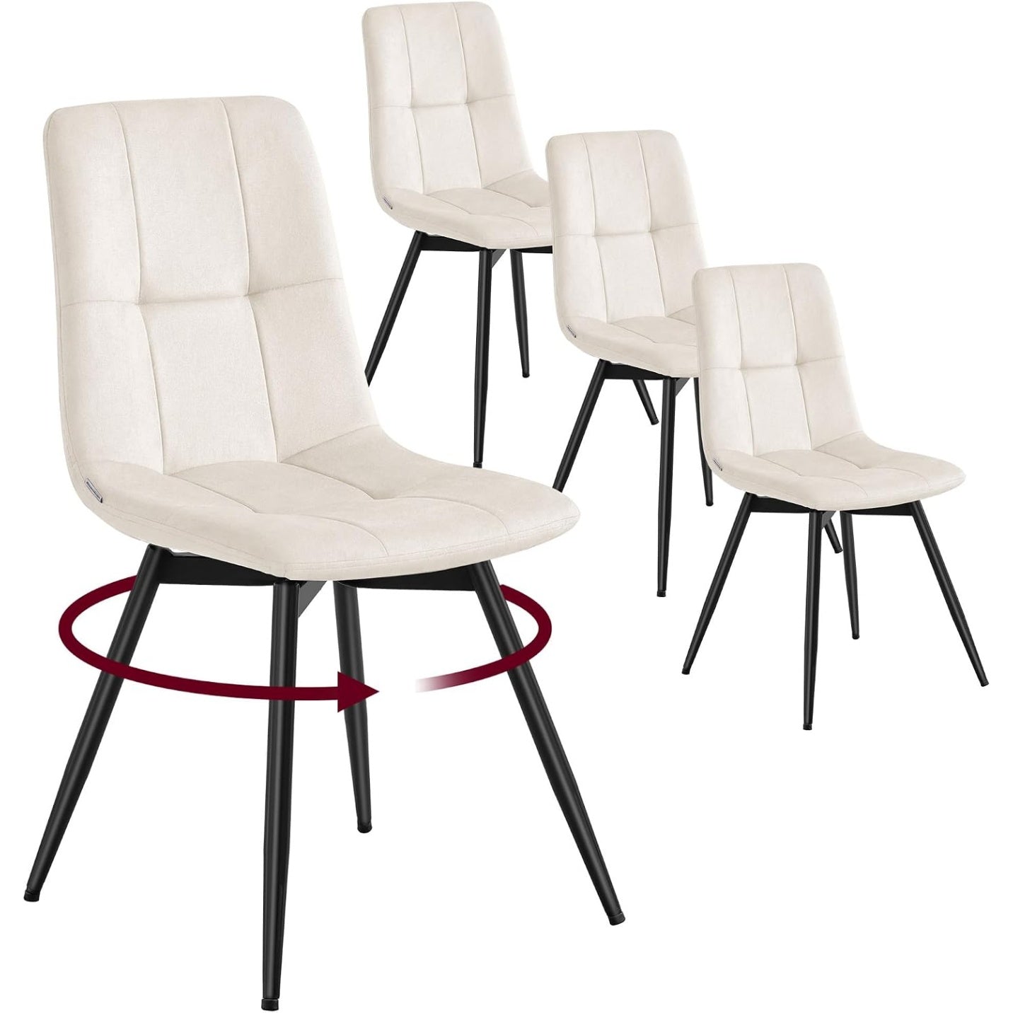 Ensemble de quatre chaises pivotantes en velours beige, dossier ergonomique et assise confortable pour salon ou bureau
