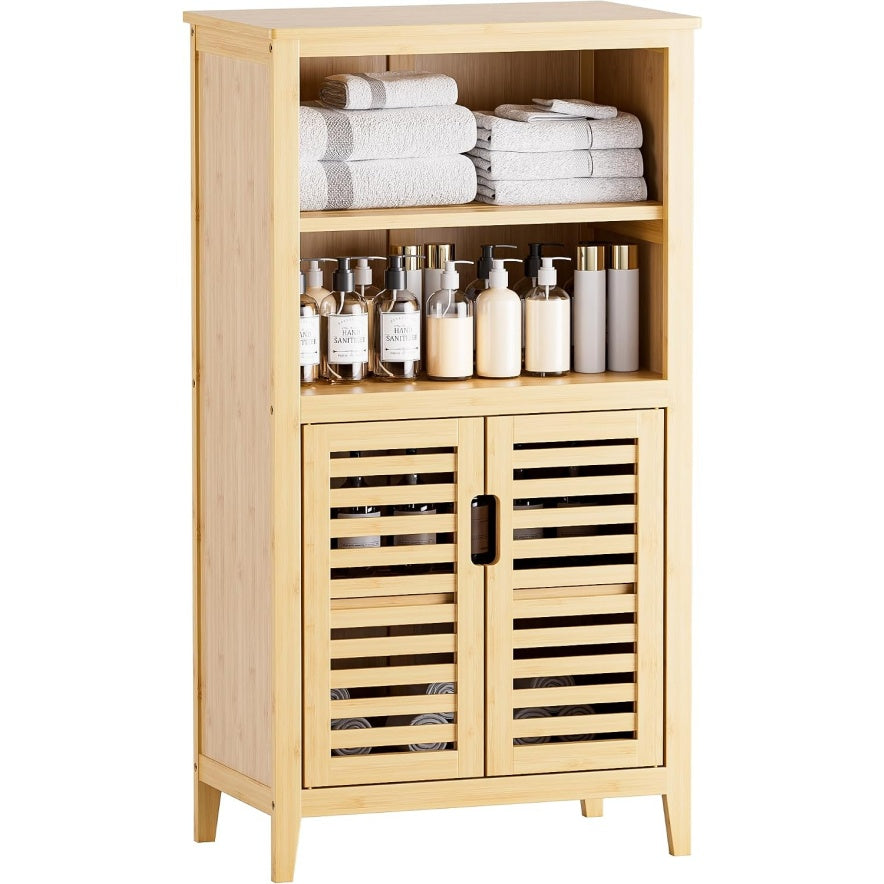 Meuble bas de rangement en bambou naturel avec porte et etageres amovibles, solution pratique pour salle a manger salon ou cuisine