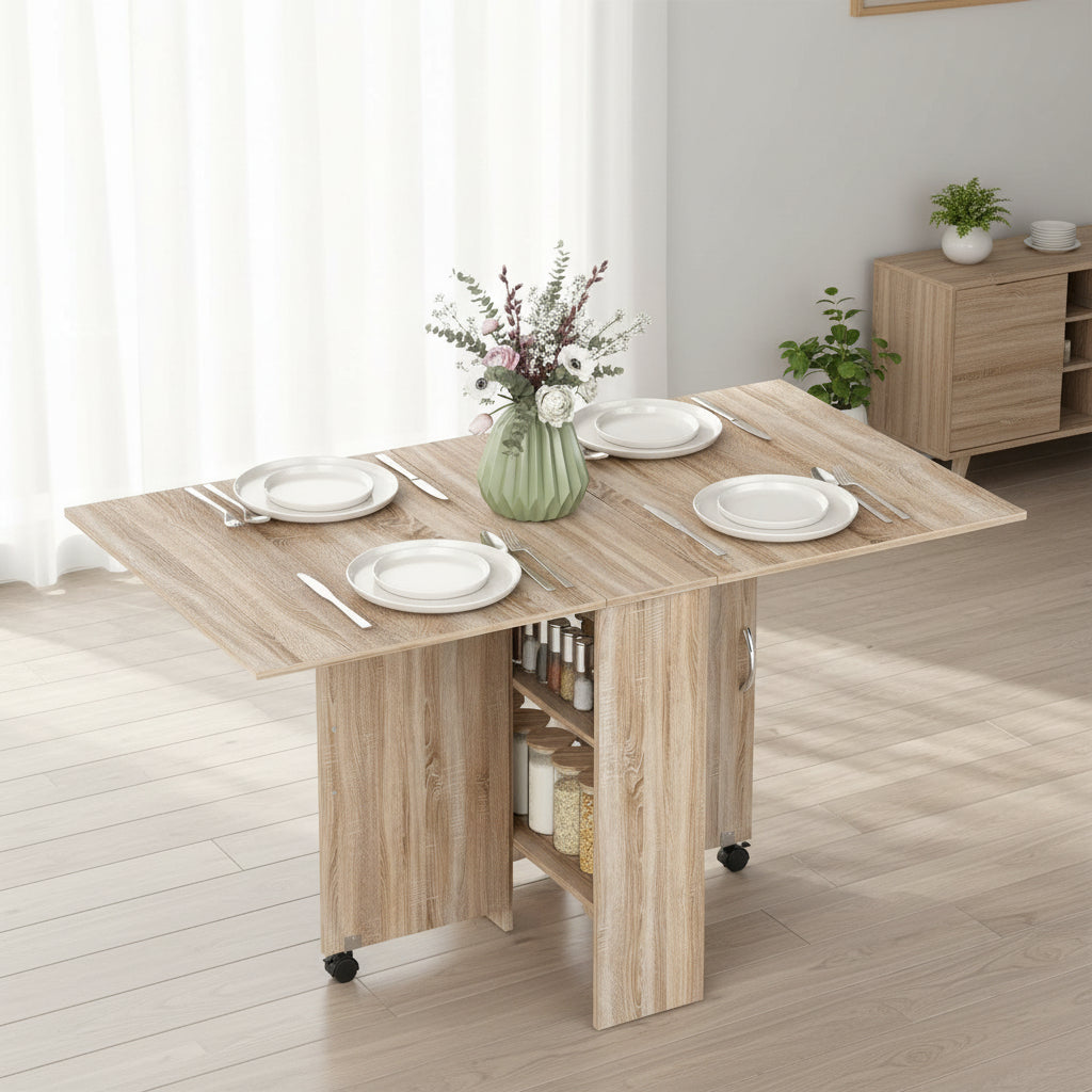 Table de cuisine pliante mobile avec roulettes, finition naturelle et dimensions 140 x 75 x 74 cm pour petits espaces