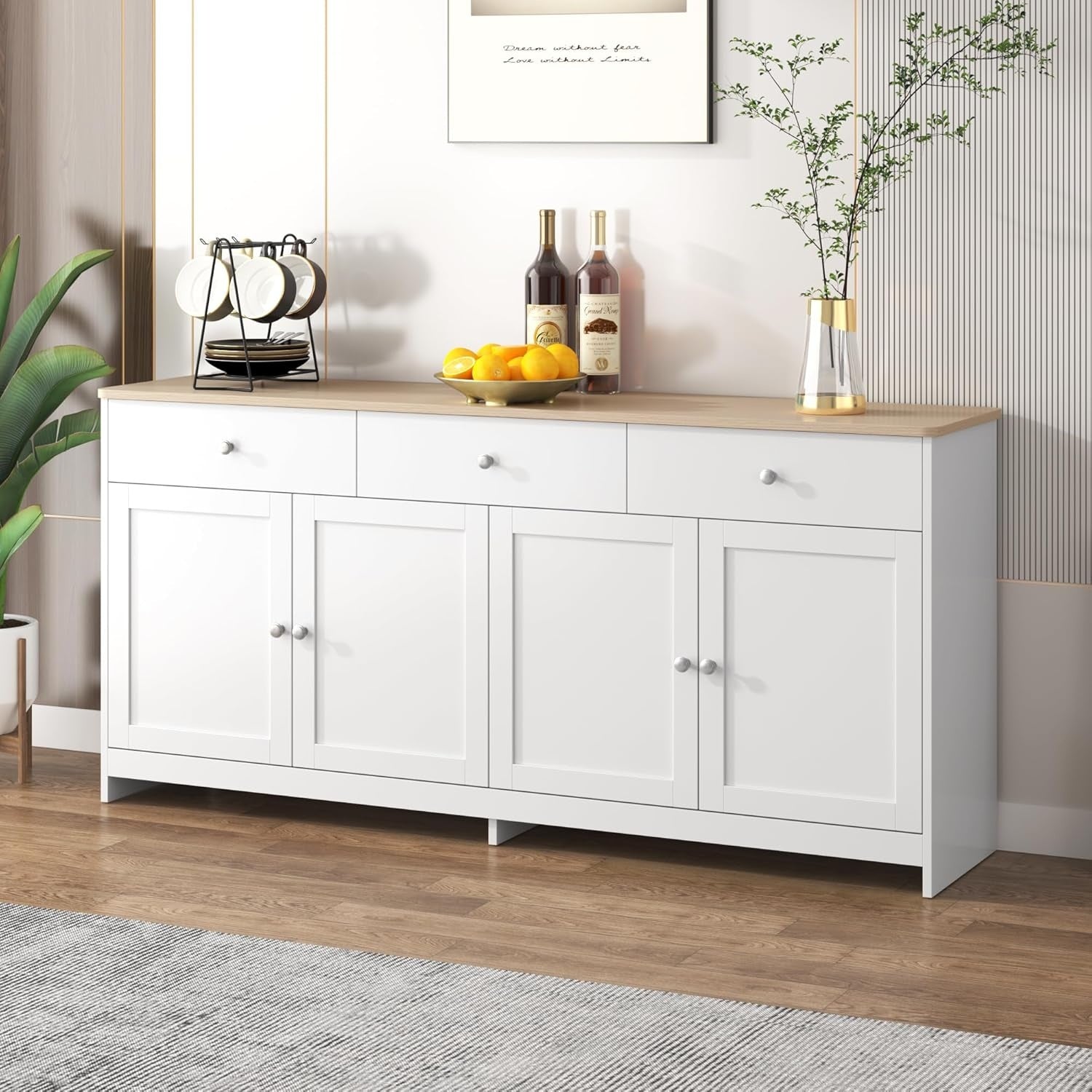 Commode blanche effet bois 160 cm avec quatre portes et trois tiroirs, grand rangement pour salle a manger contemporaine