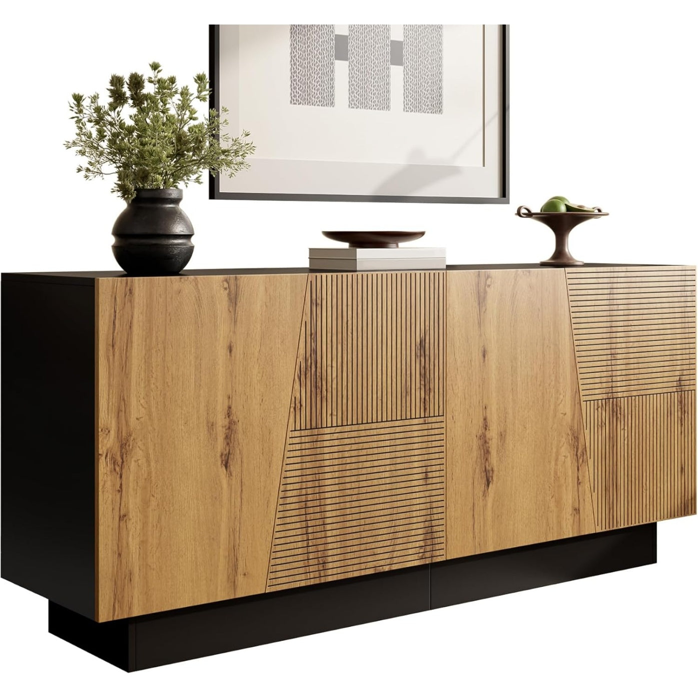 Meuble bas geometrique 160 cm avec etageres ajustables et larges compartiments, design contemporain pour salon