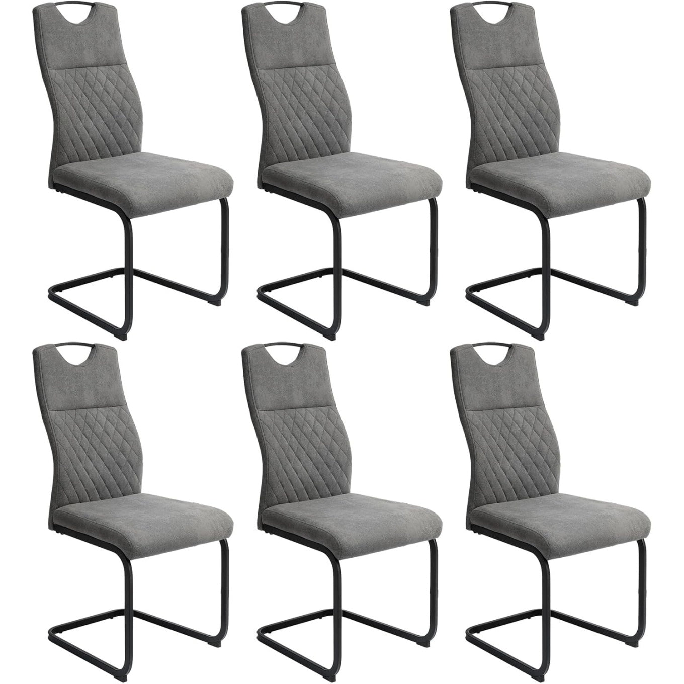 Ensemble de six chaises cantilever modernes avec dossier haut, assise rembourree et structure noire texturee, ideal salle a manger