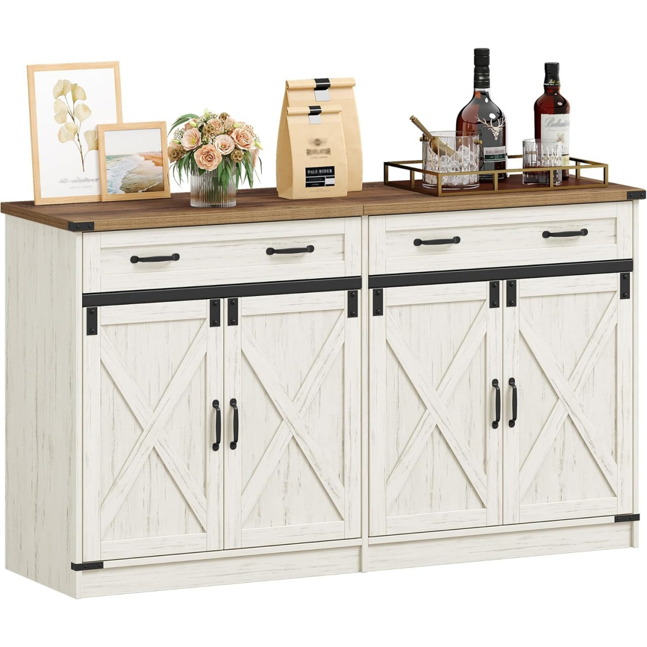 Buffet style cottage blanc rustique et marron avec tiroir, deux portes et tablettes reglables