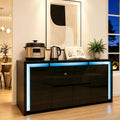 Buffet laque blanc et noir 160 cm avec quatre portes, deux tiroirs et eclairage LED, meuble brillant pour cuisine salon ou entree