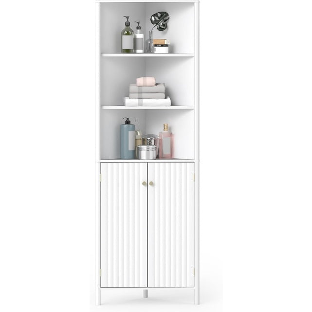 Meuble d'angle blanc 172 cm avec placard, etageres reglables et trois niches ouvertes, rangement optimise pour interieur