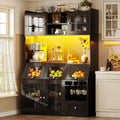 Equipement de cuisine noir 120 x 40 x 181,7 cm avec plan de travail, eclairage LED et portes vitrees relevables pour un rangement optimise