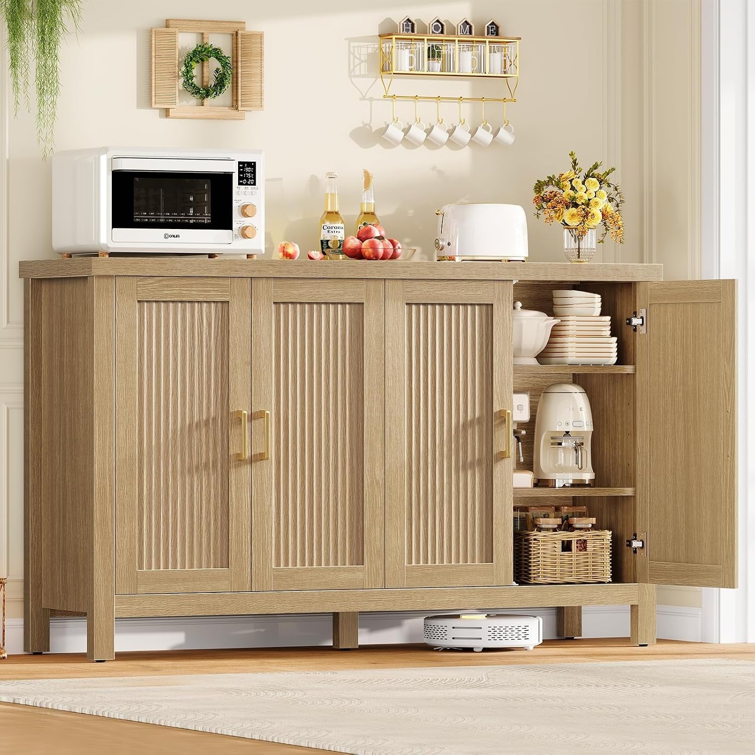 Buffet cuisine cannele 140 cm en bois naturel avec quatre portes et etageres reglables