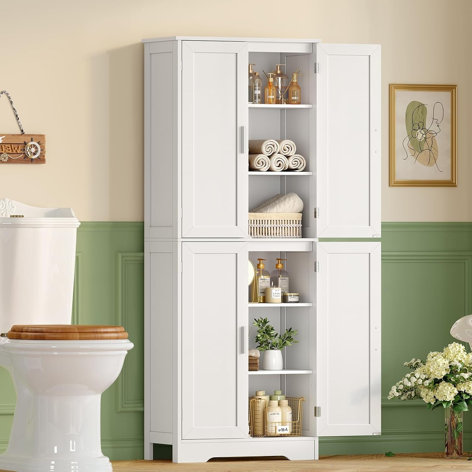 Armoire haute de rangement quatre portes avec etageres reglables, dimensions 60 x 30 x 170 cm, usage polyvalent maison