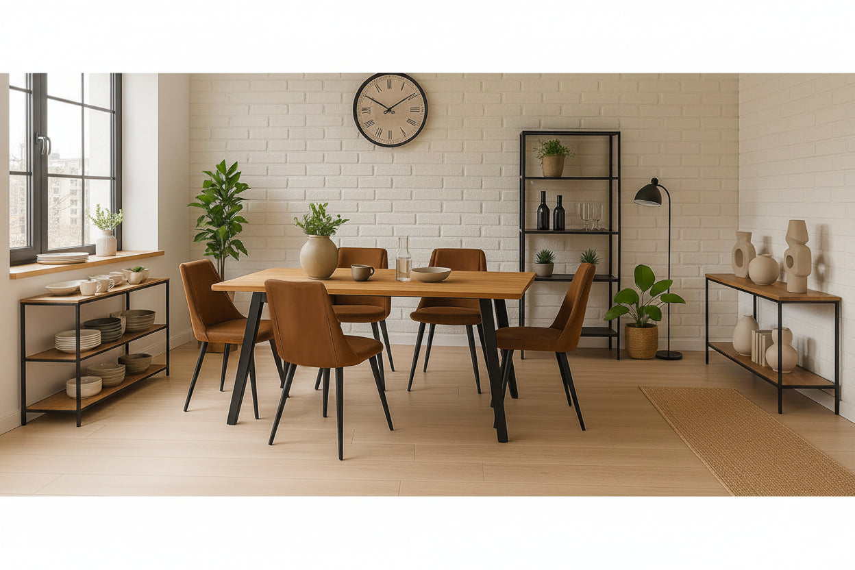 Collection de 6 chaises marron en suedine avec dossier rembourre et pietement metallique pour salle a manger