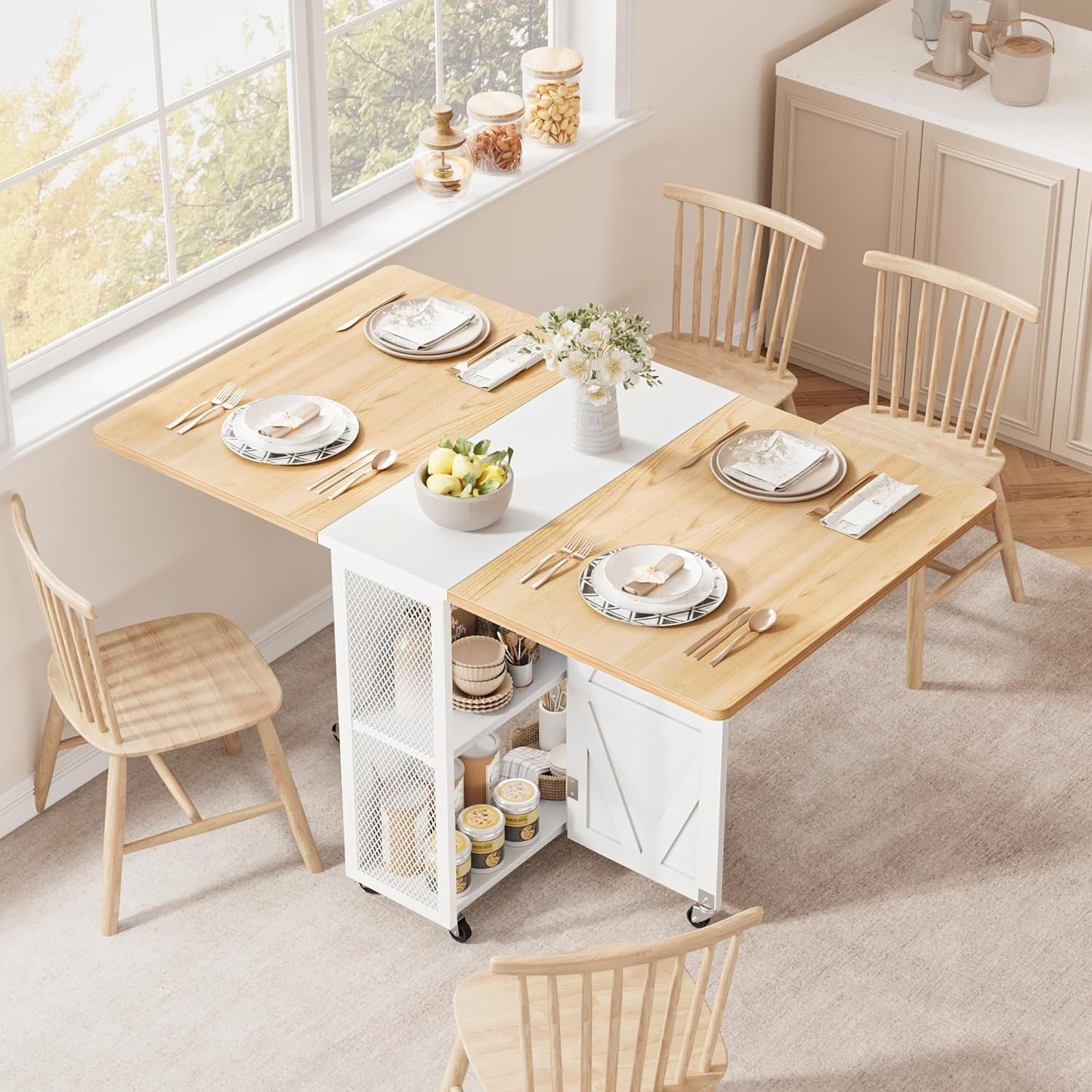 Table pliante sur roulettes 120 x 60 cm avec rangement integre, etageres ouvertes et conception gain de place
