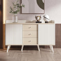 Commode moderne blanc et bois 117 cm avec portes coulissantes et trois tiroirs, meuble elegant pour chambre salon ou salle a manger