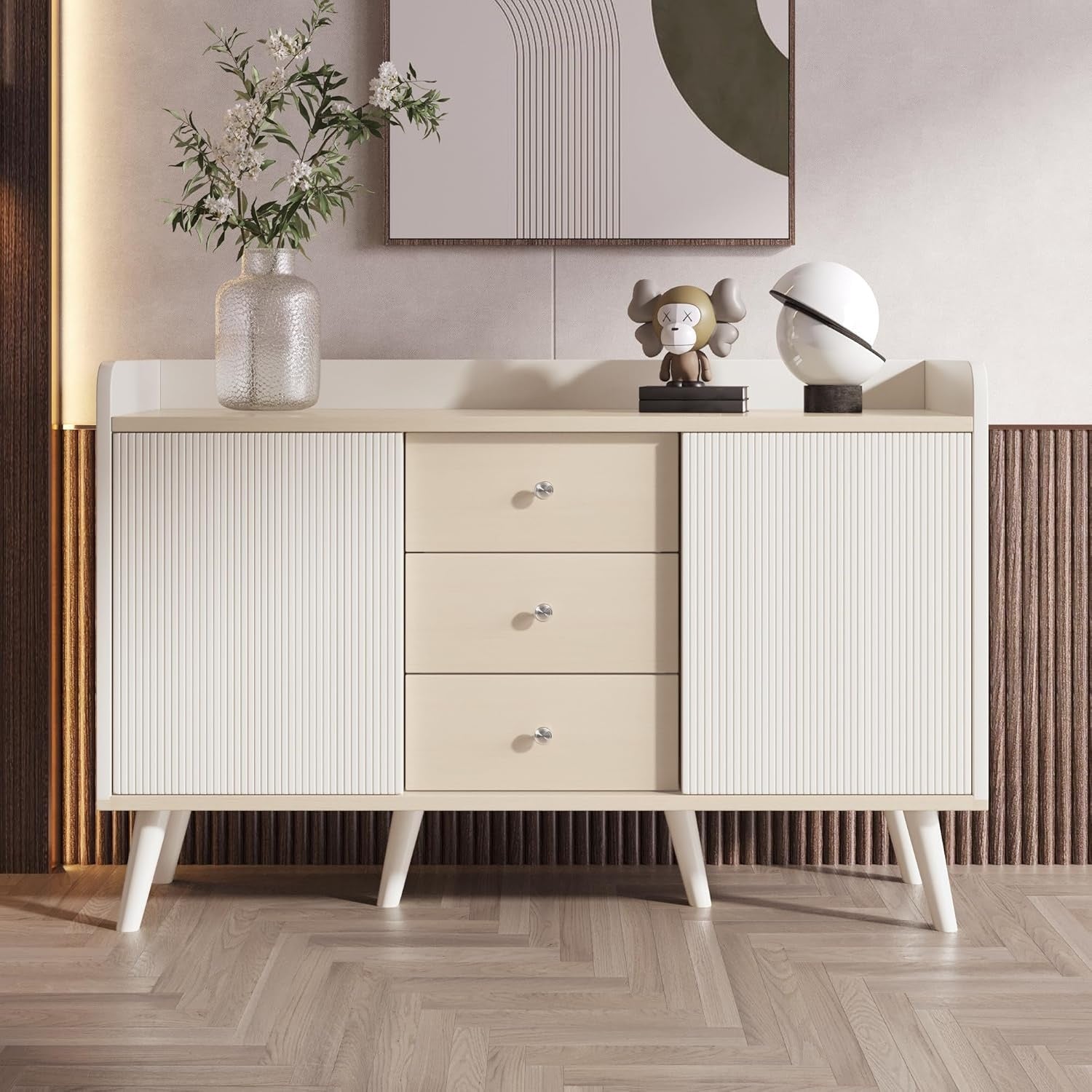 Commode moderne blanc et bois 117 cm avec portes coulissantes et trois tiroirs, meuble elegant pour chambre salon ou salle a manger
