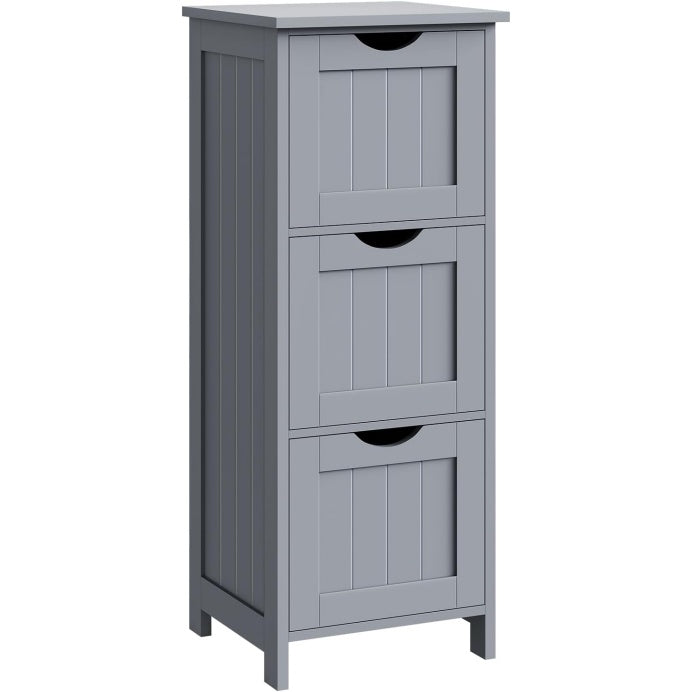 Commode grise salle de bain 81 cm avec trois tiroirs, meuble de rangement moderne pour interieur