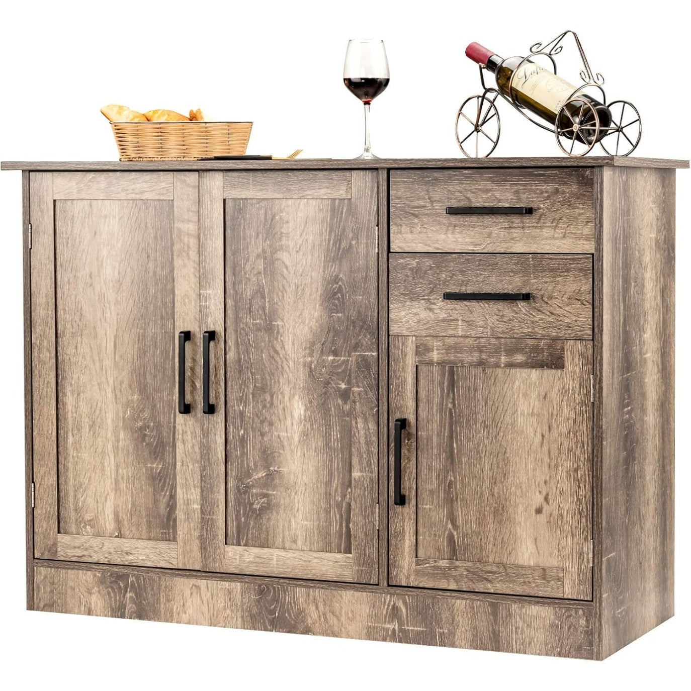 Buffet bas avec trois portes et deux tiroirs, fermeture magnetique et tablette interieure reglable pour salon ou cuisine