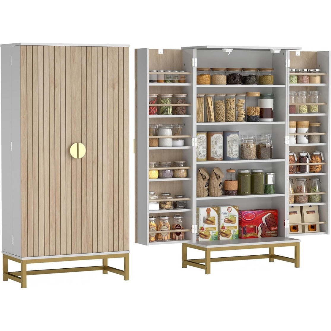 Garde manger blanc compact avec douze etageres et plusieurs espaces fermes