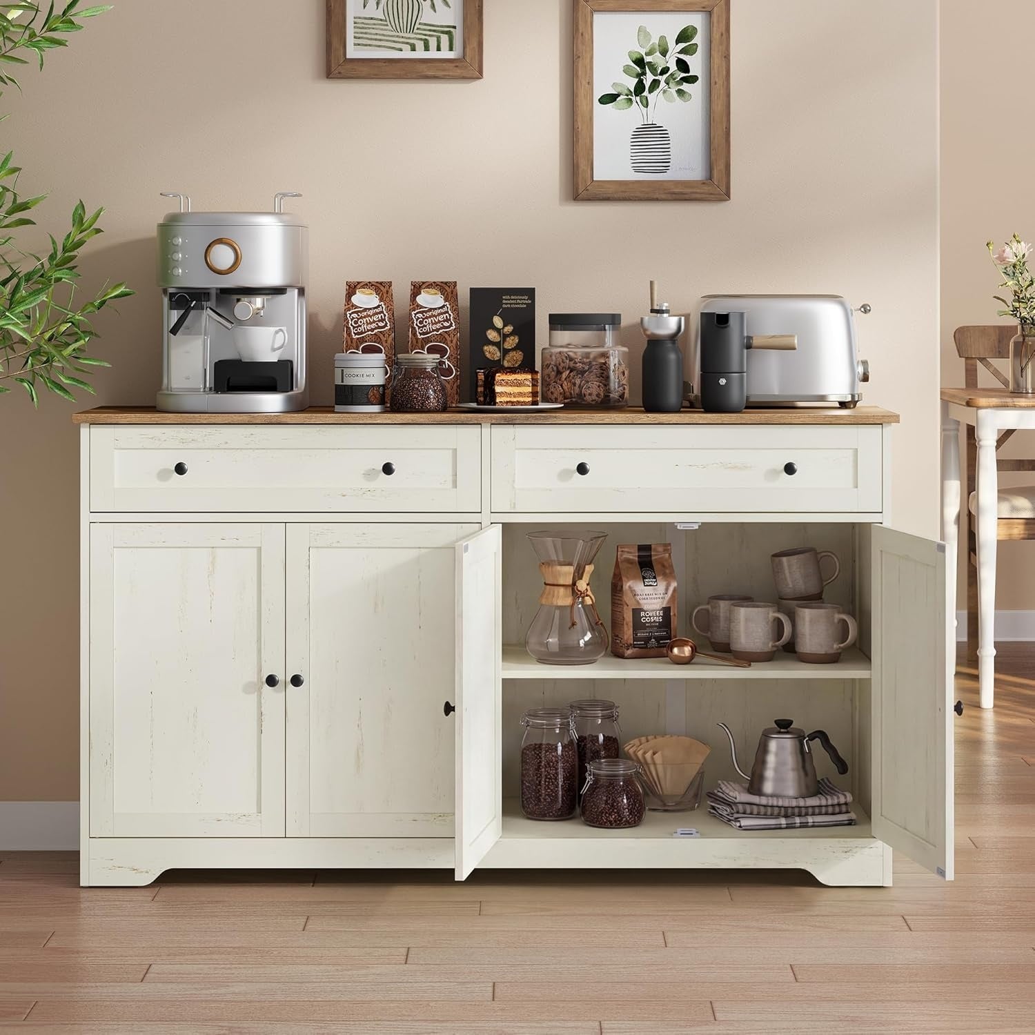 Meuble de cuisine style campagne blanc rustique avec bar a cafe, 4 portes, 2 tiroirs et tablettes ajustables
