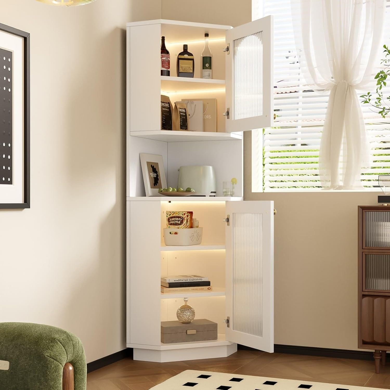 Colonne de rangement blanche 45 x 45 x 166,5 cm avec bande lumineuse, six niveaux et deux portes vitrees pour cuisine et salle a manger